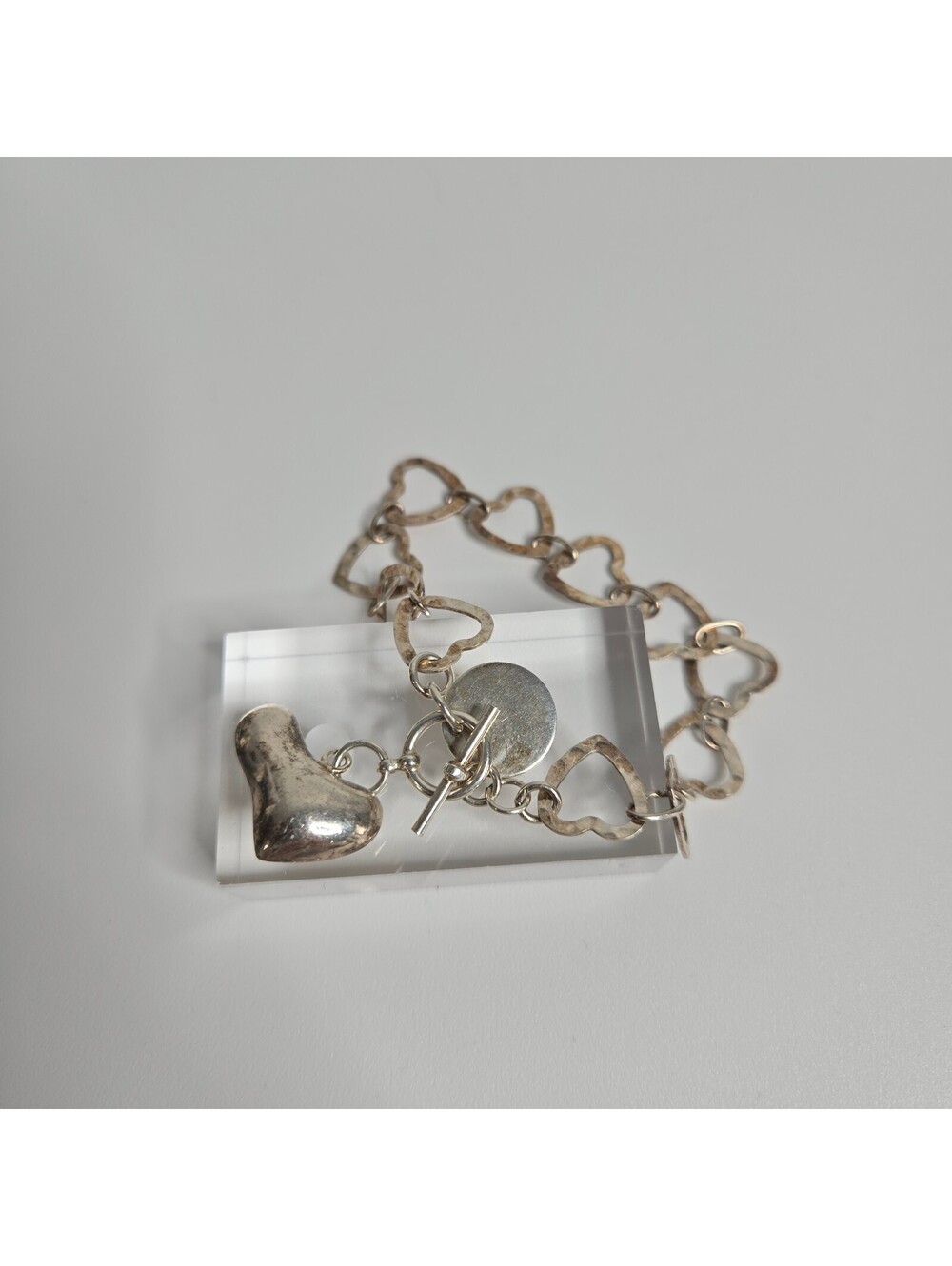 Sterling Silver Hammered Open Heart Link Charm Bracelet Puffy Heart Toggle Y2K